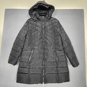 Kenneth Cole Reaction Puffer Parka Womens XL Black Hooded Quilted Down Coat